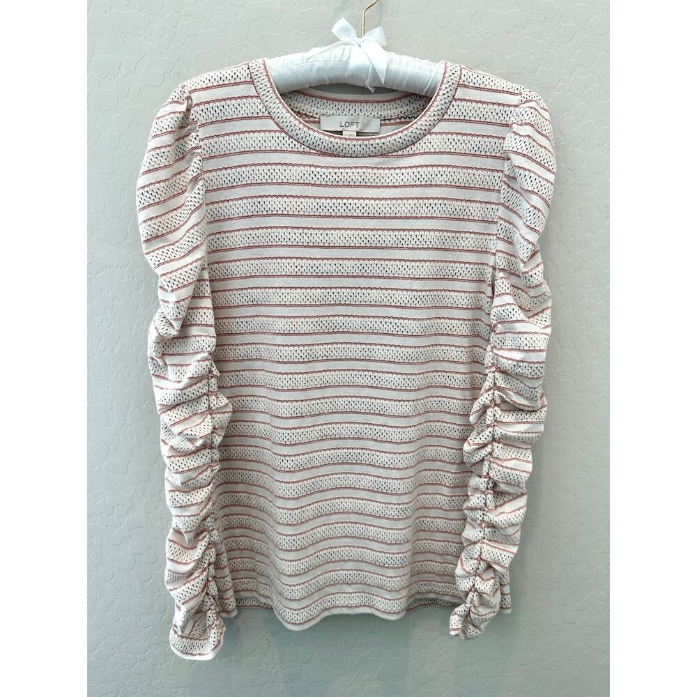 LOFT Ruched Sleeve Knit Top Striped Puff Sleeve Cottagecore Boho NWT | Large